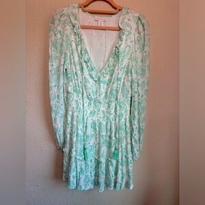 House of Harlow 1960 Boho Paisley Smocked Ruffle Tiered long Sleeve Mini Dress S